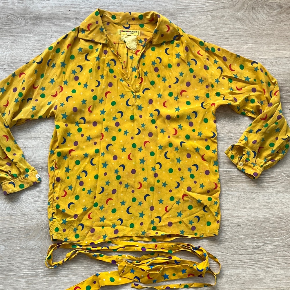 Vintage - Saint Laurent Yellow Moon & Star Print Blouse - Sz 40 / medium.